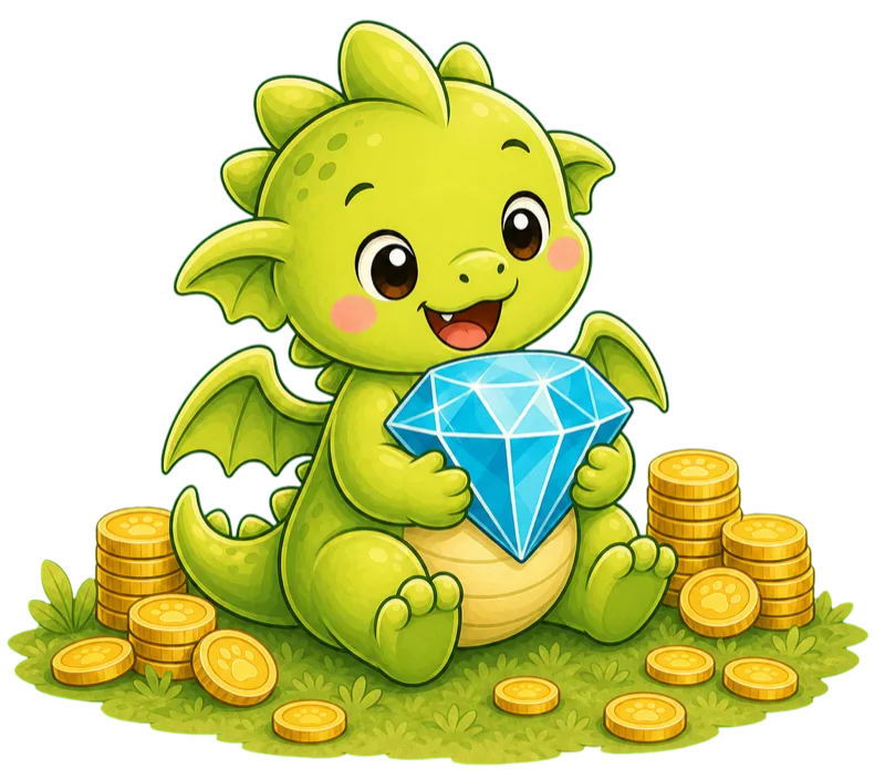 A cute green dragon sitting on a pile of gold coins