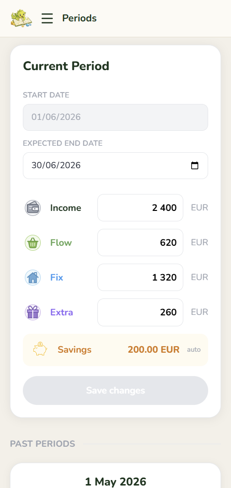 GoHoardly period planner on mobile showing closed and open periods
