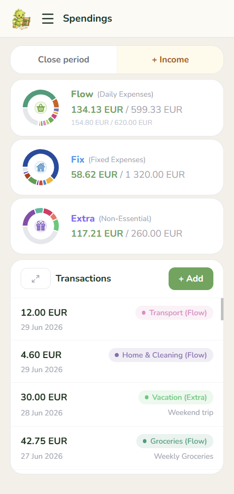 GoHoardly spendings screen on mobile showing Flow, Fixed and Extra buckets